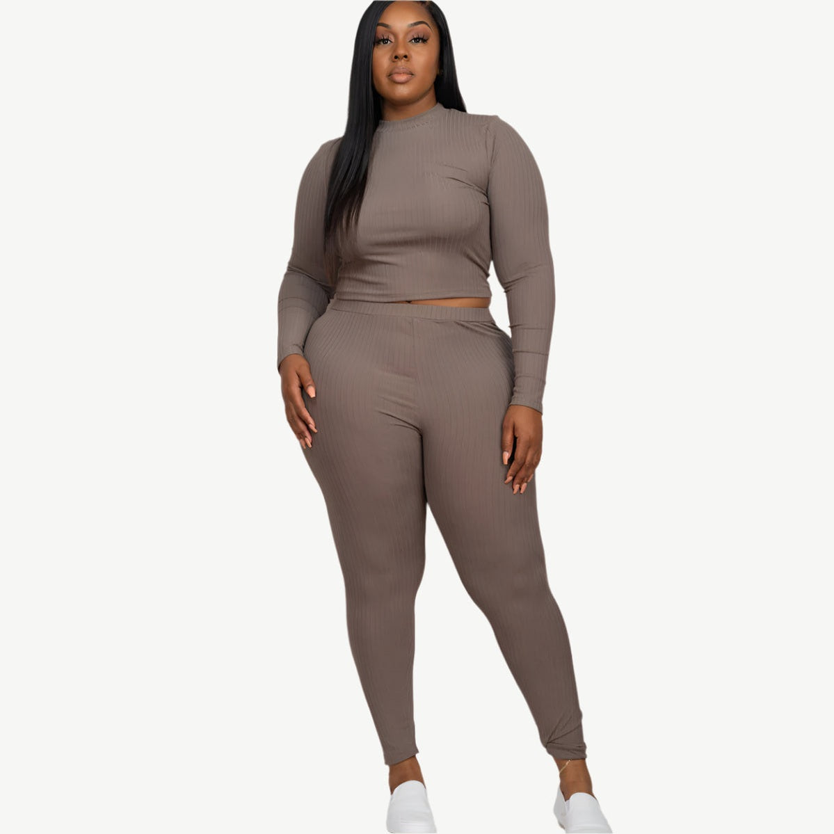 Plus Size Ribbed Mock Neck Long Sleeve Top & Leggings Set