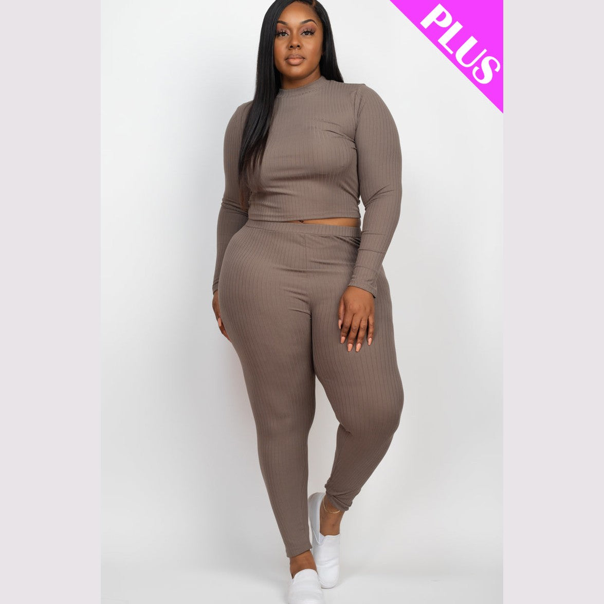 Plus Size Ribbed Mock Neck Long Sleeve Top & Leggings Set