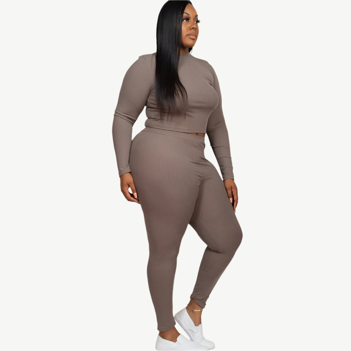 Plus Size Ribbed Mock Neck Long Sleeve Top & Leggings Set