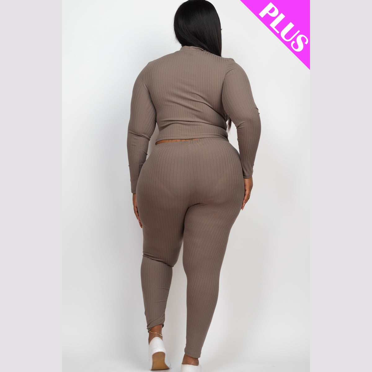 Plus Size Ribbed Mock Neck Long Sleeve Top & Leggings Set