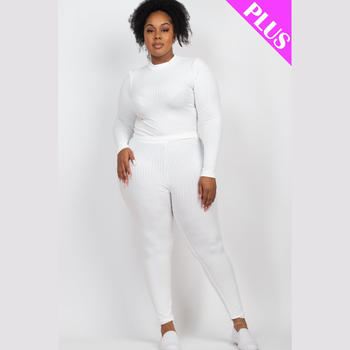 Plus Size Ribbed Mock Neck Long Sleeve Top & Leggings Set