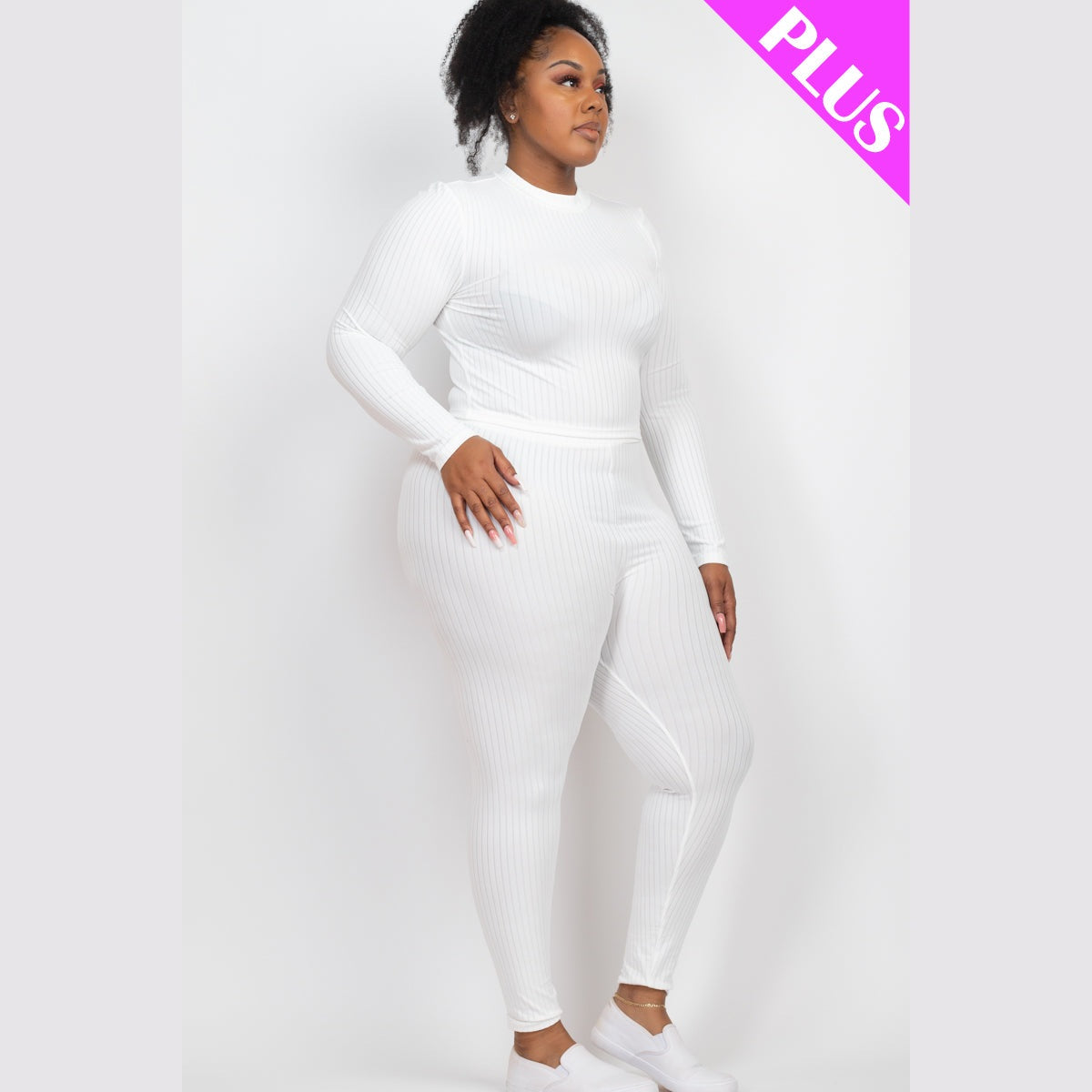 Plus Size Ribbed Mock Neck Long Sleeve Top & Leggings Set