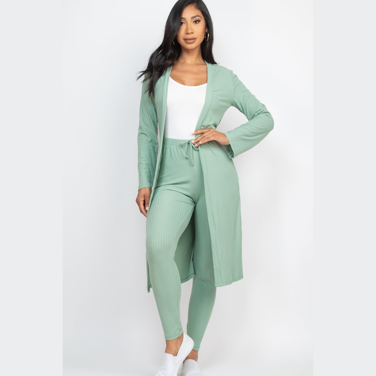 Ribbed Long Cardigan & Leggings Set