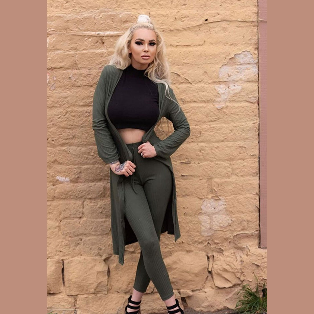 Ribbed Long Cardigan & Leggings Set