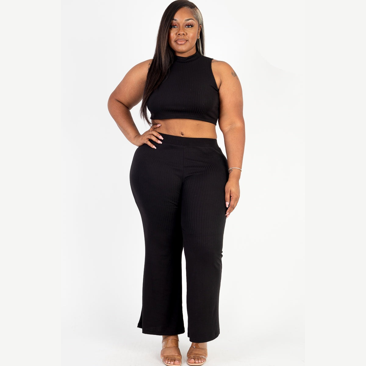 Plus Size Ribbed Mock Neck Crop Tank Top& Bootcut Pants Set