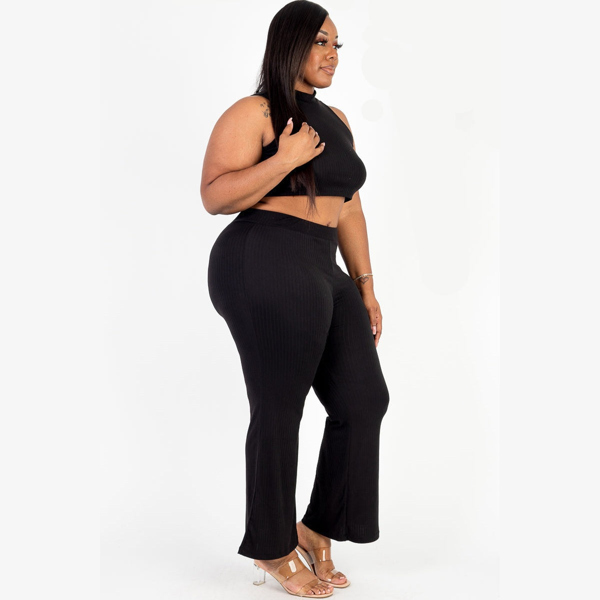 Plus Size Ribbed Mock Neck Crop Tank Top& Bootcut Pants Set