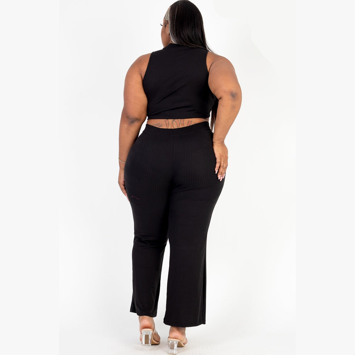 Plus Size Ribbed Mock Neck Crop Tank Top& Bootcut Pants Set