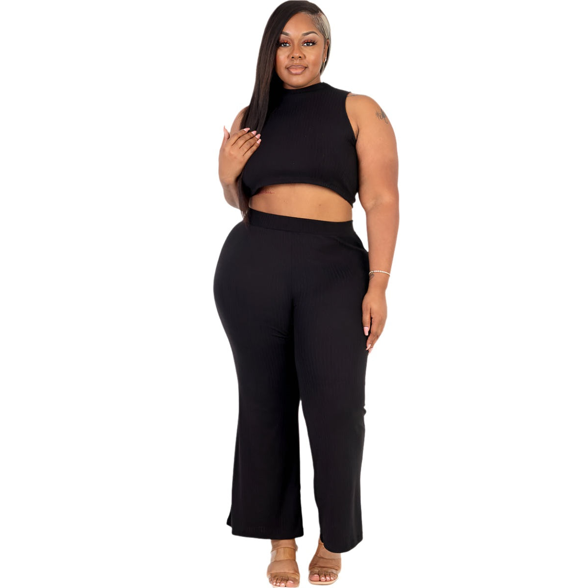 Plus Size Ribbed Mock Neck Crop Tank Top& Bootcut Pants Set