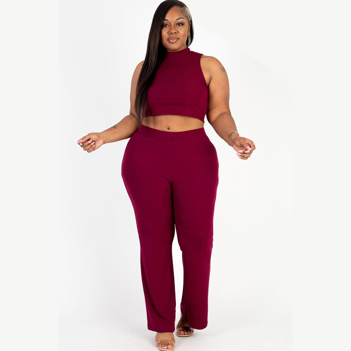 Plus Size Ribbed Mock Neck Crop Tank Top& Bootcut Pants Set