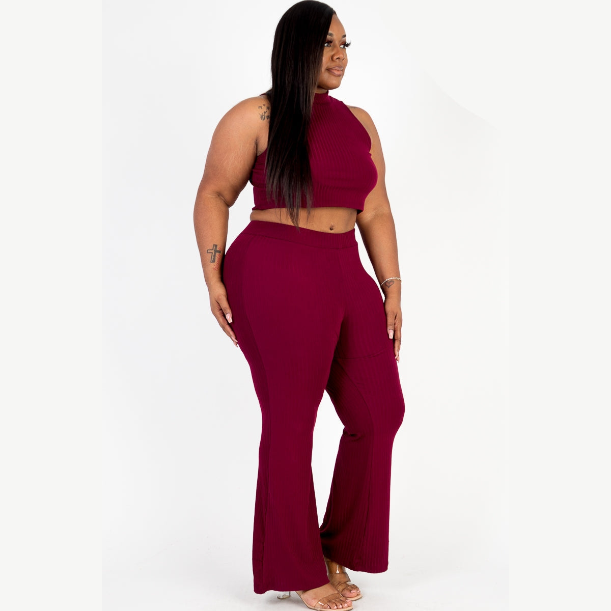 Plus Size Ribbed Mock Neck Crop Tank Top& Bootcut Pants Set