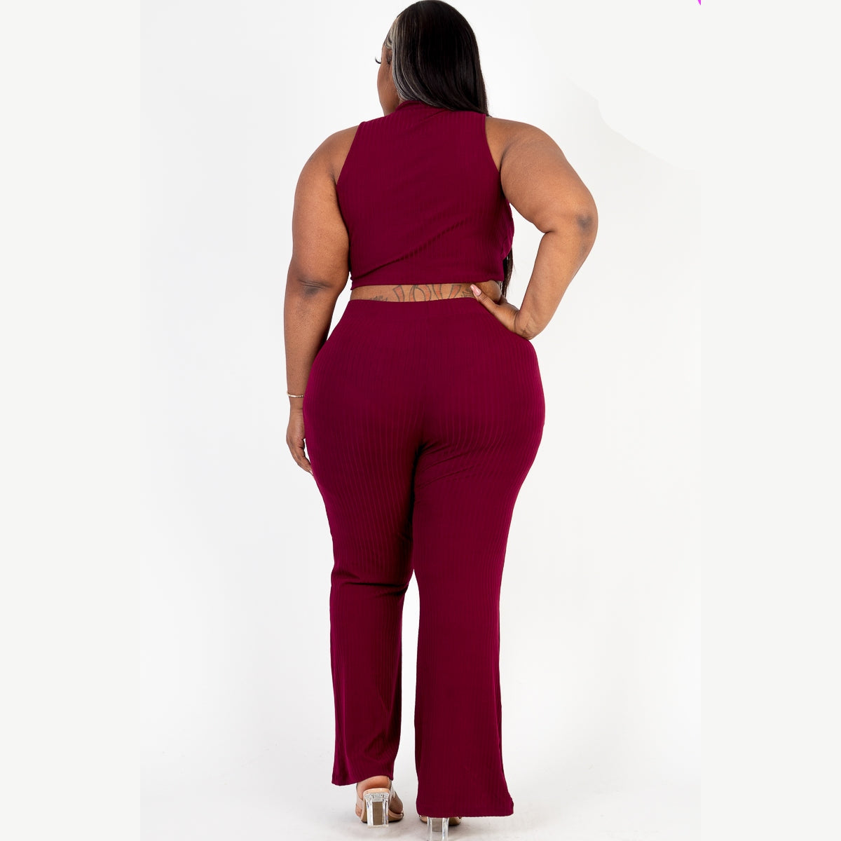 Plus Size Ribbed Mock Neck Crop Tank Top& Bootcut Pants Set
