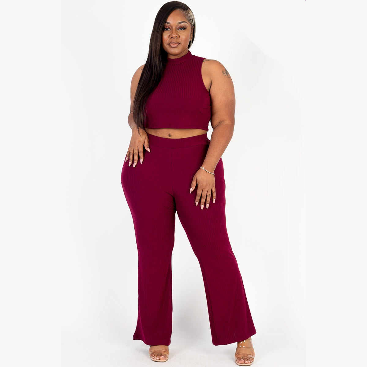 Plus Size Ribbed Mock Neck Crop Tank Top& Bootcut Pants Set