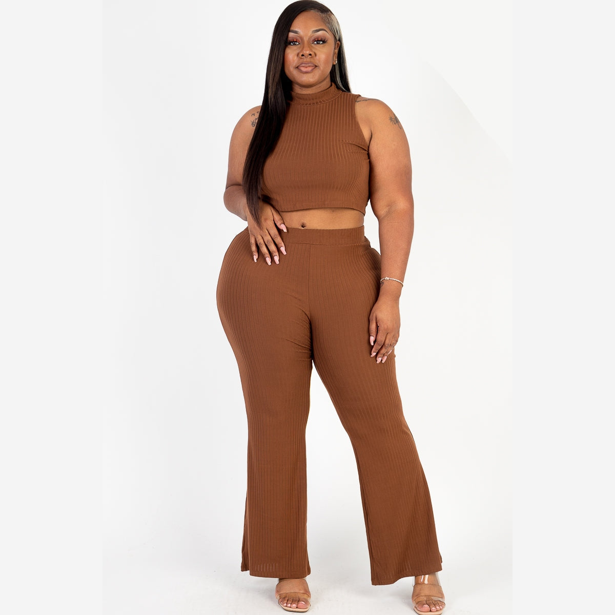 Plus Size Ribbed Mock Neck Crop Tank Top& Bootcut Pants Set