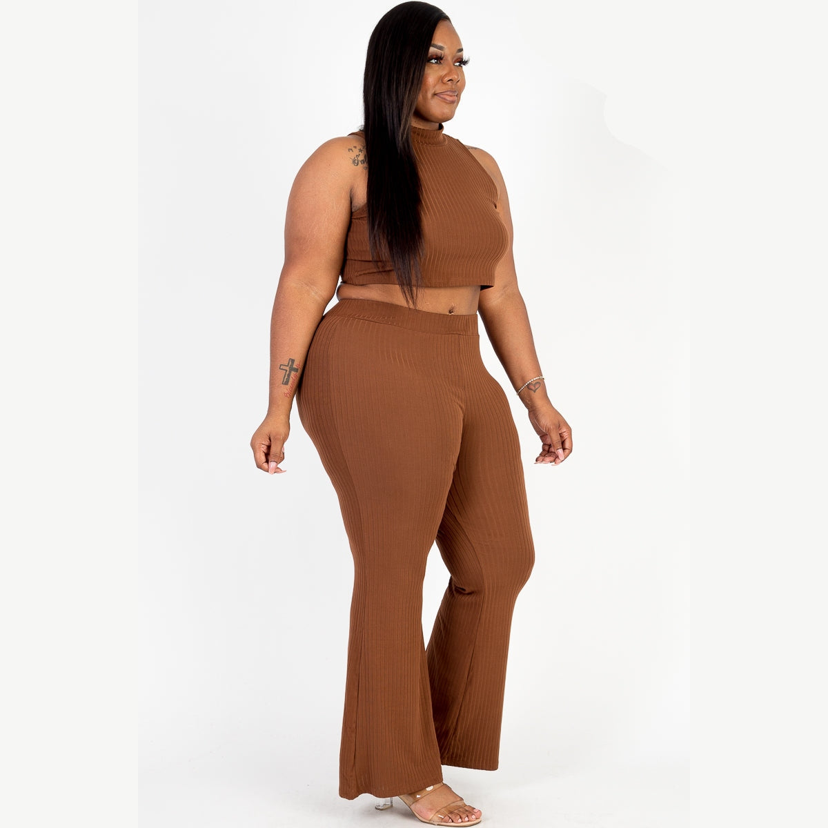 Plus Size Ribbed Mock Neck Crop Tank Top& Bootcut Pants Set