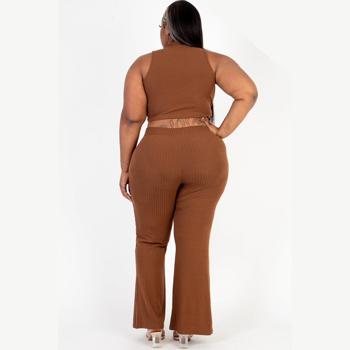 Plus Size Ribbed Mock Neck Crop Tank Top& Bootcut Pants Set