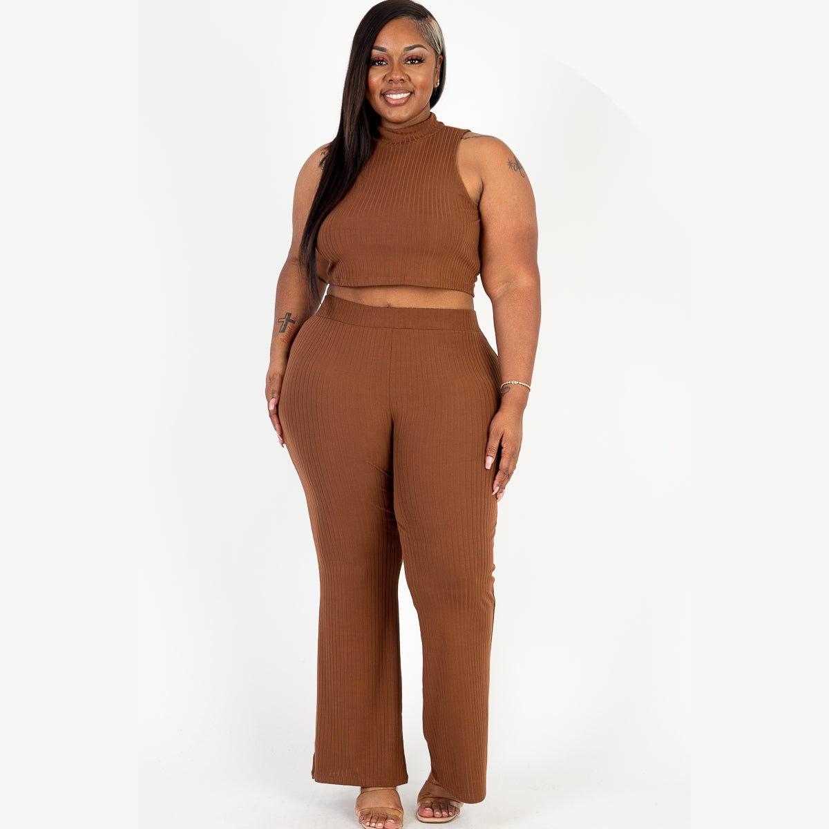 Plus Size Ribbed Mock Neck Crop Tank Top& Bootcut Pants Set