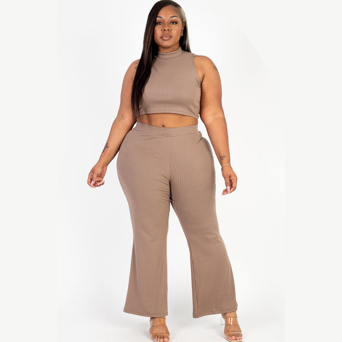 Plus Size Ribbed Mock Neck Crop Tank Top& Bootcut Pants Set