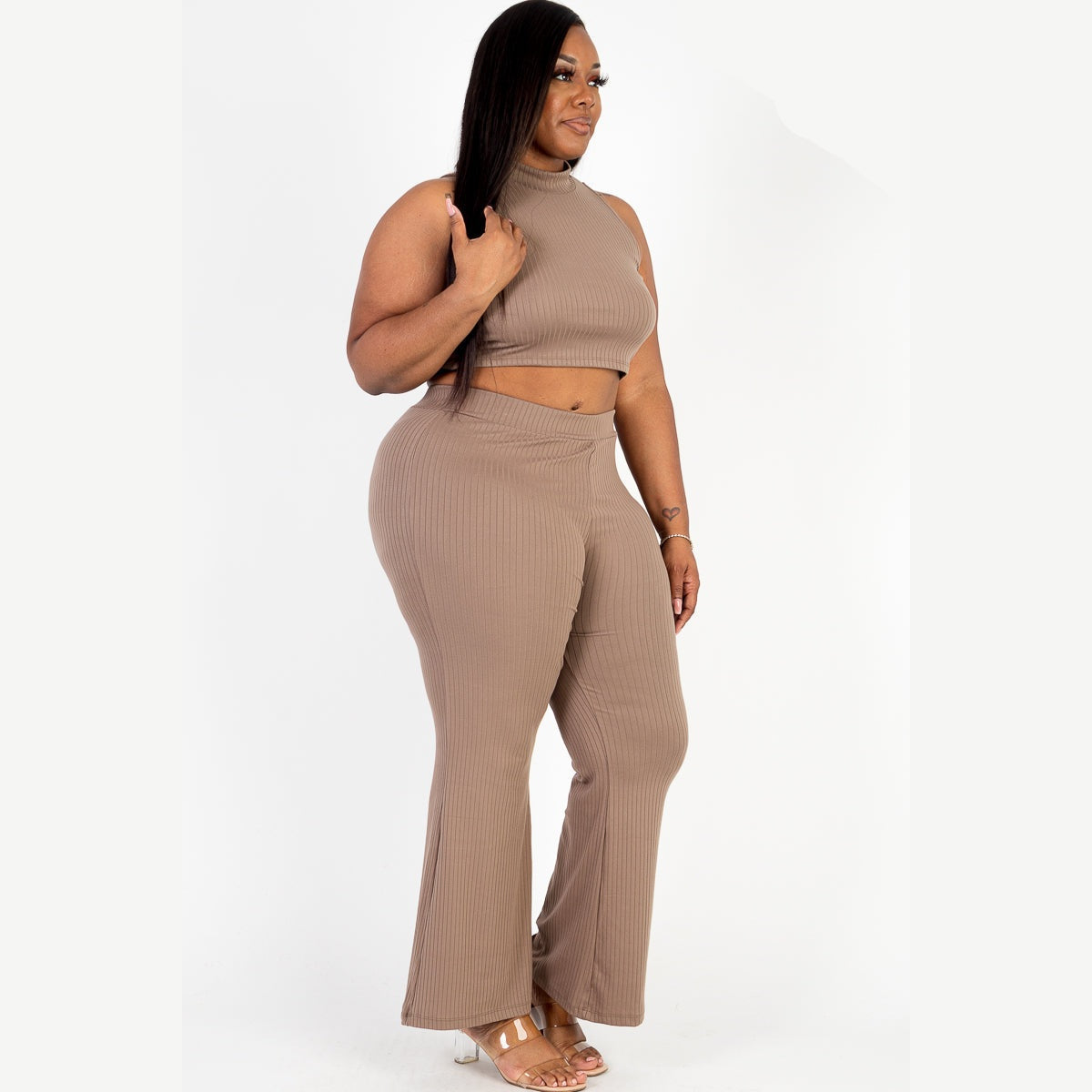 Plus Size Ribbed Mock Neck Crop Tank Top& Bootcut Pants Set