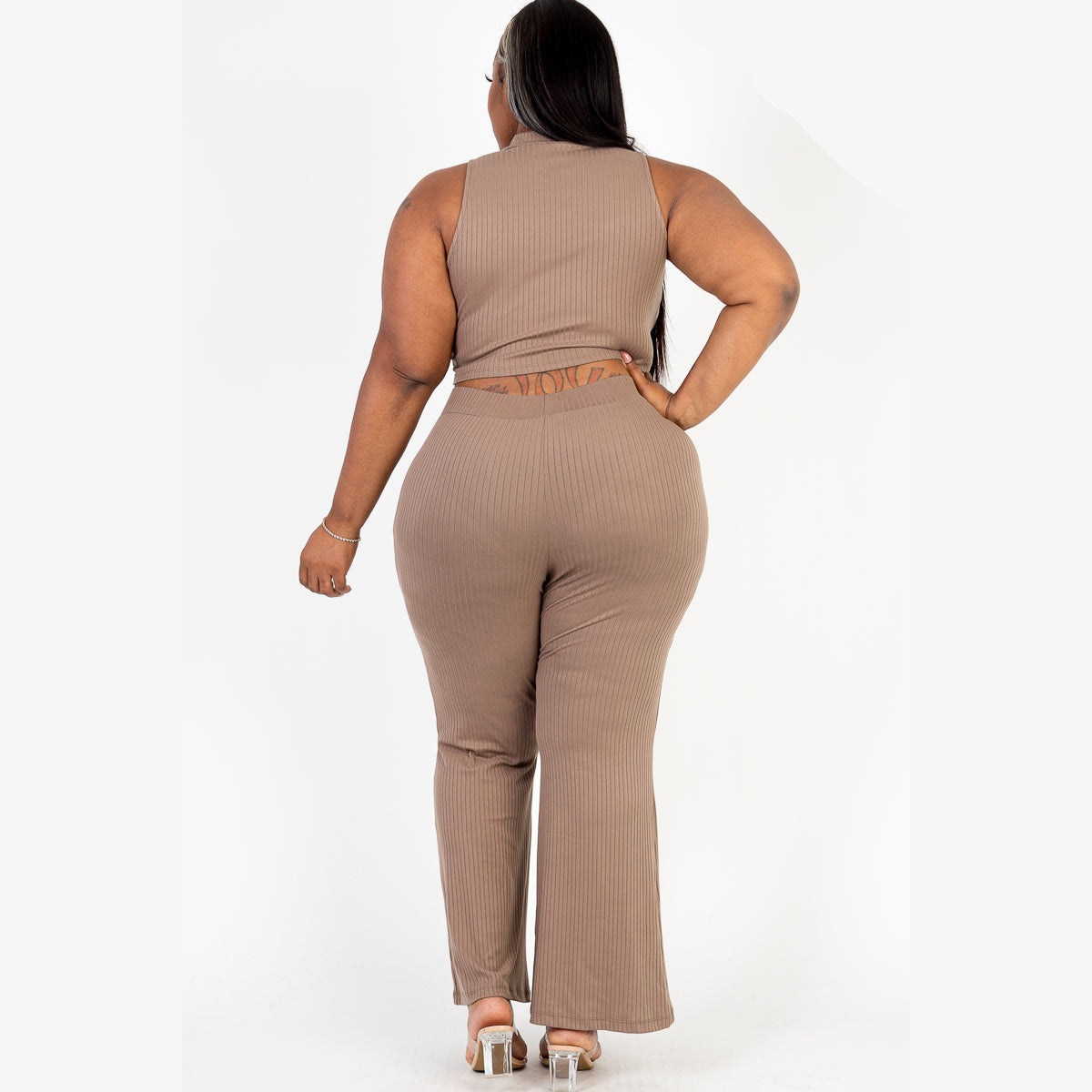 Plus Size Ribbed Mock Neck Crop Tank Top& Bootcut Pants Set
