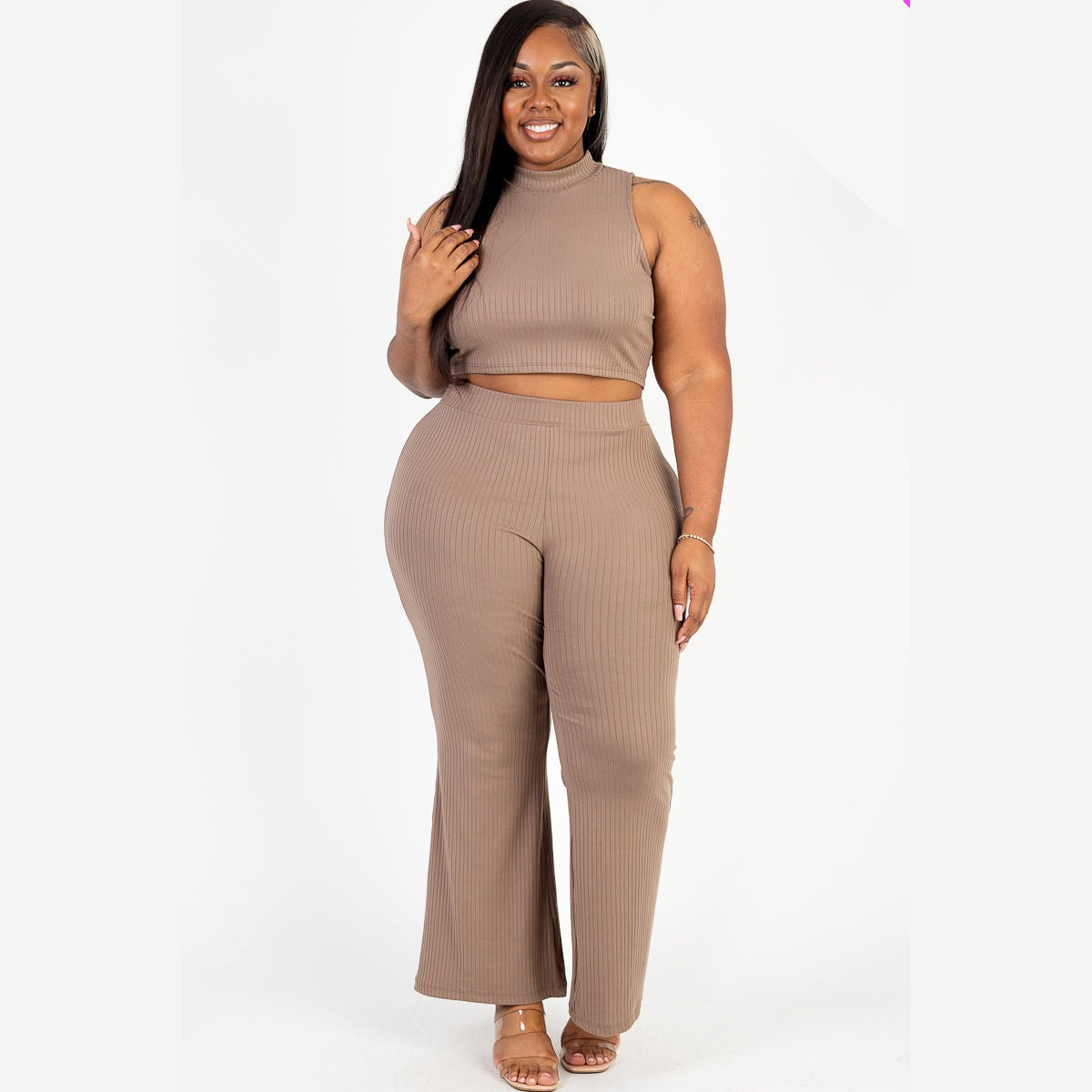 Plus Size Ribbed Mock Neck Crop Tank Top& Bootcut Pants Set