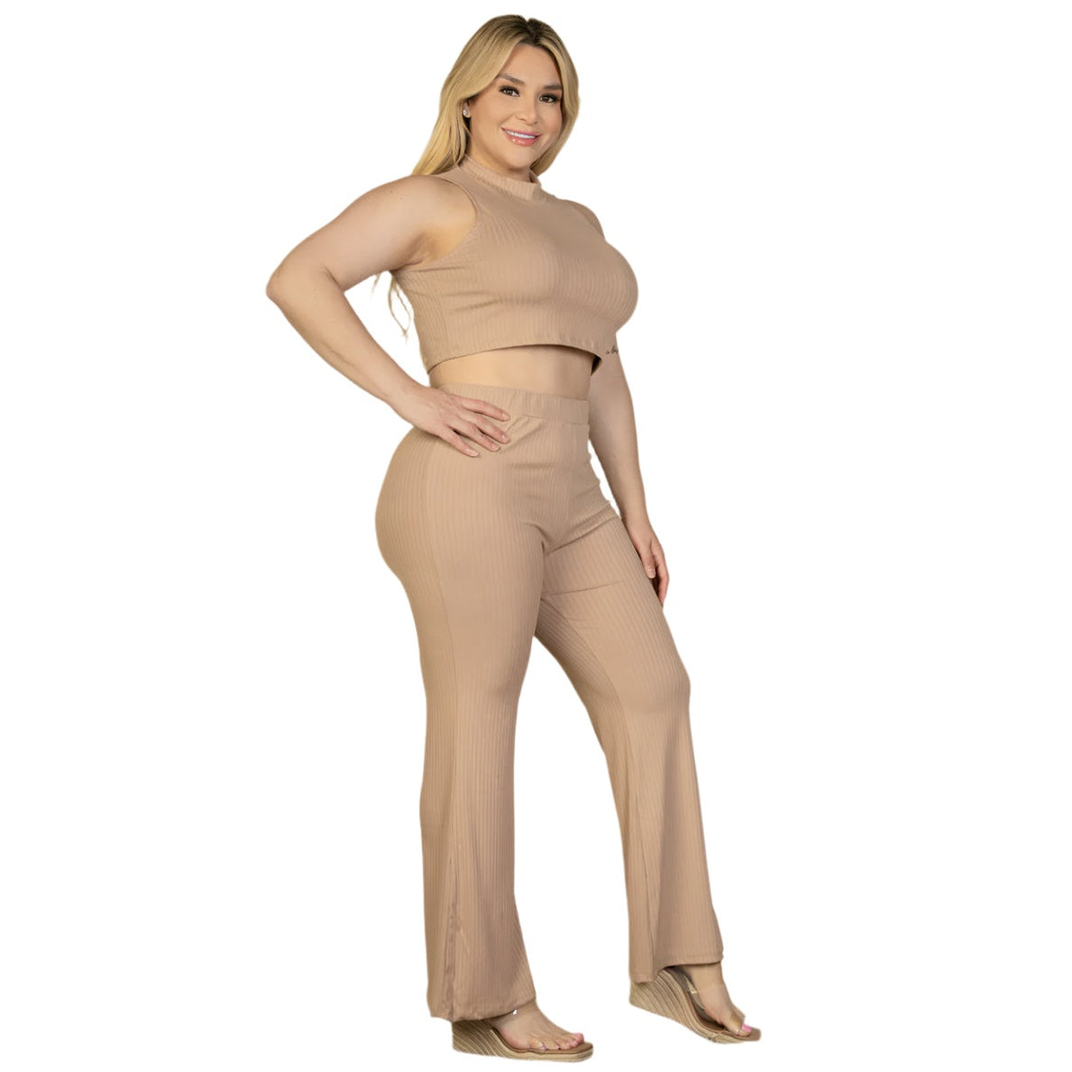 Plus Size Ribbed Mock Neck Crop Tank Top& Bootcut Pants Set