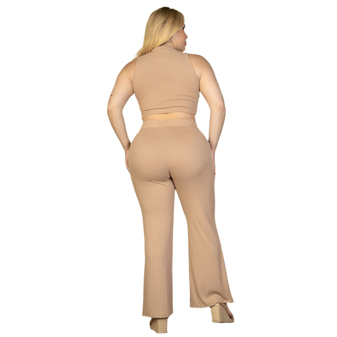 Plus Size Ribbed Mock Neck Crop Tank Top& Bootcut Pants Set