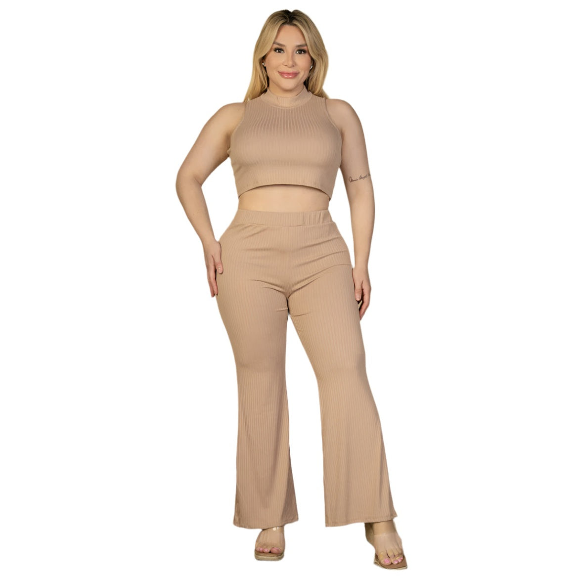 Plus Size Ribbed Mock Neck Crop Tank Top& Bootcut Pants Set