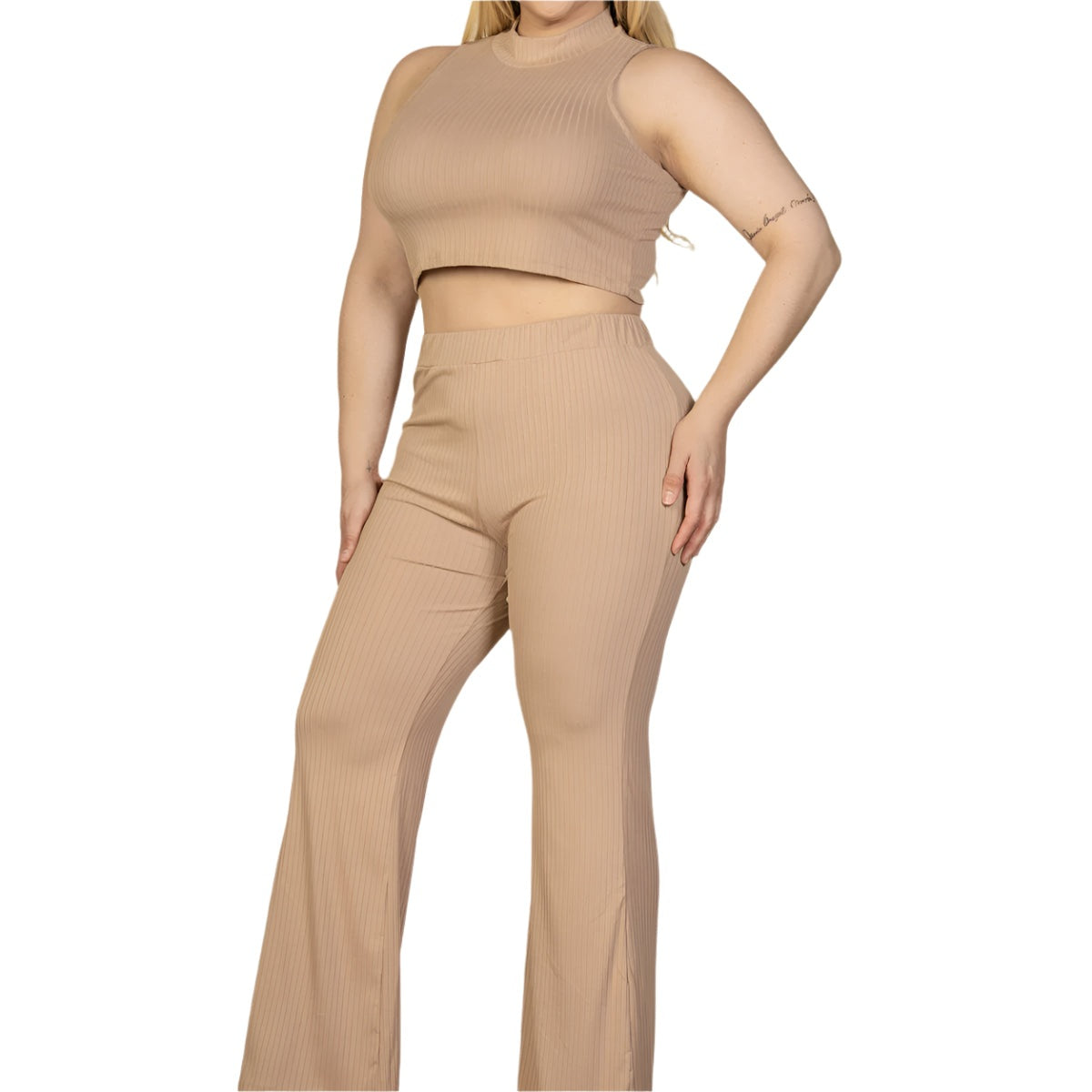 Plus Size Ribbed Mock Neck Crop Tank Top& Bootcut Pants Set