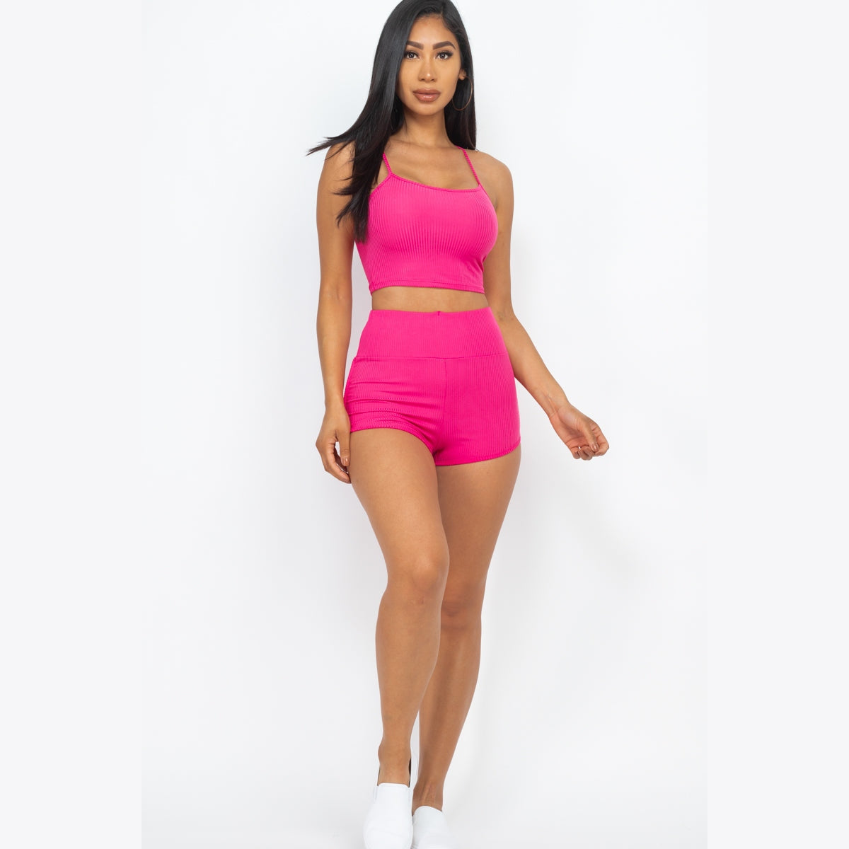 Ribbed Cami Crop Top & Ruched Shorts Set