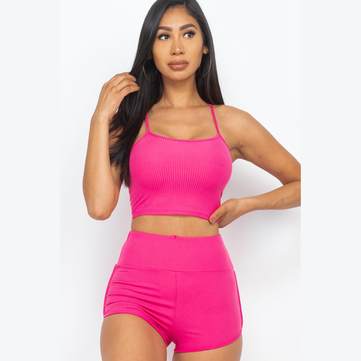 Ribbed Cami Crop Top & Ruched Shorts Set