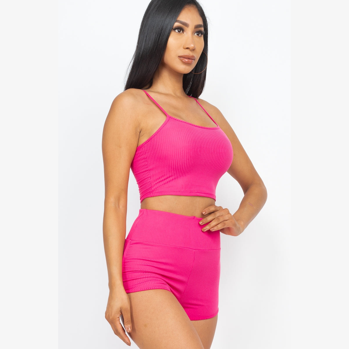 Ribbed Cami Crop Top & Ruched Shorts Set