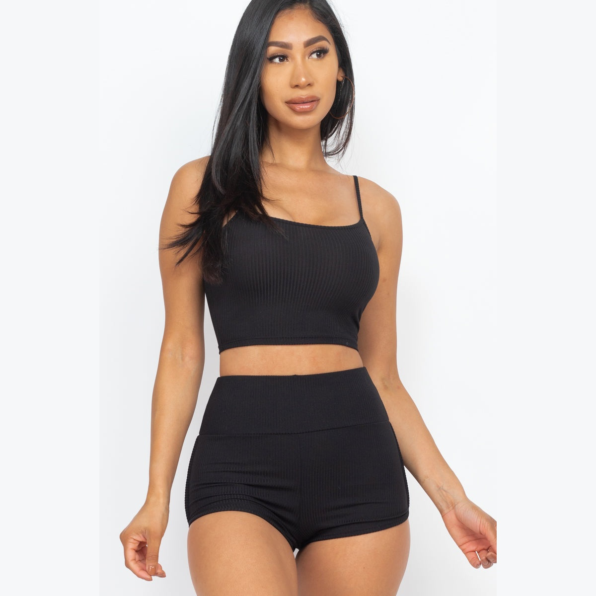 Ribbed Cami Crop Top & Ruched Shorts Set