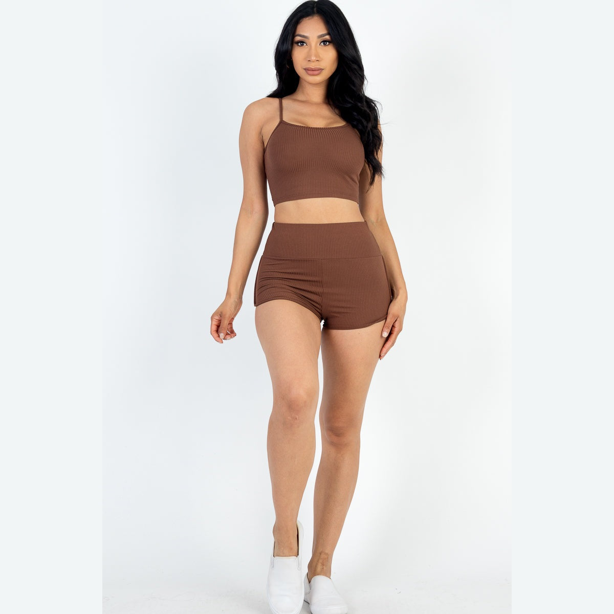 Ribbed Cami Crop Top & Ruched Shorts Set
