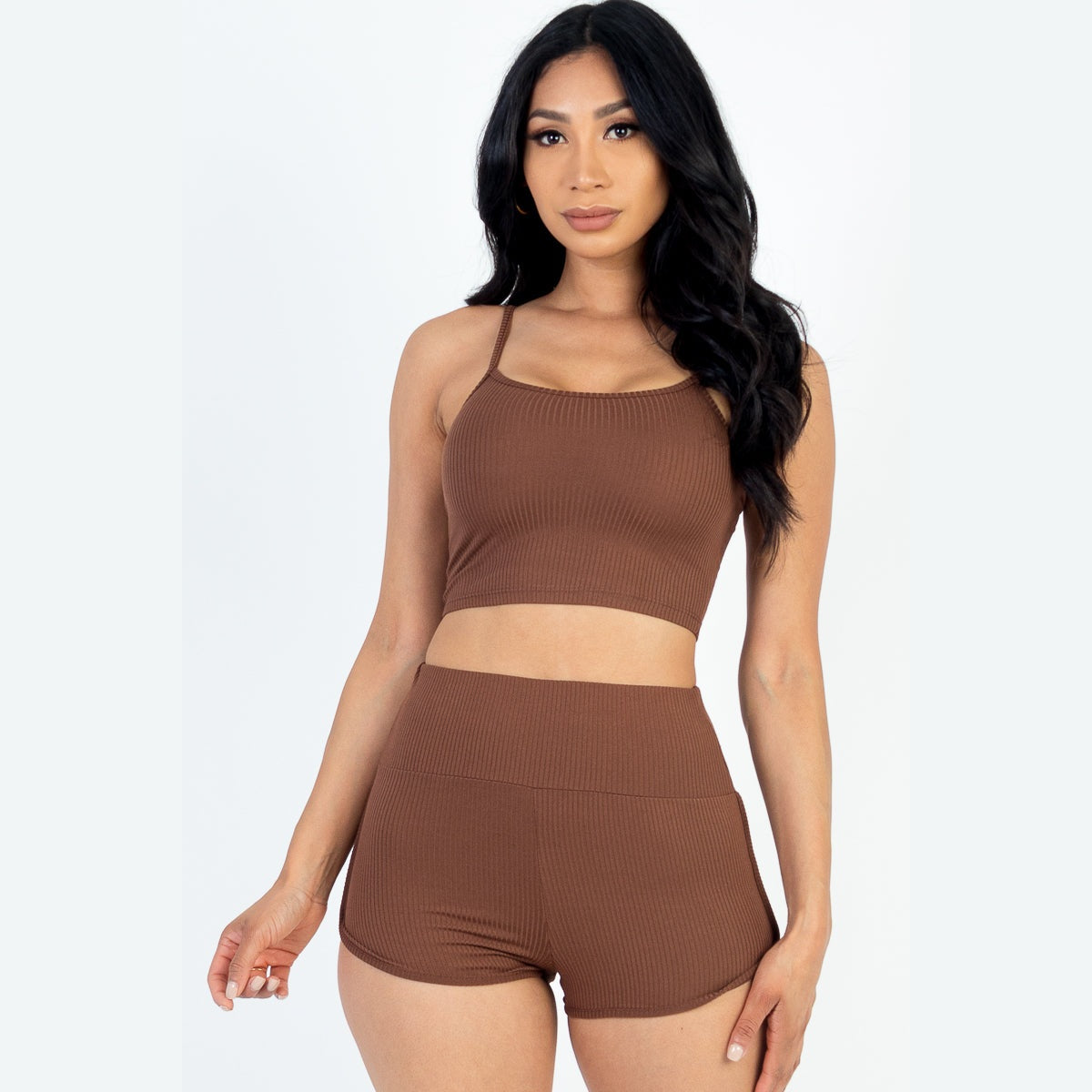 Ribbed Cami Crop Top & Ruched Shorts Set