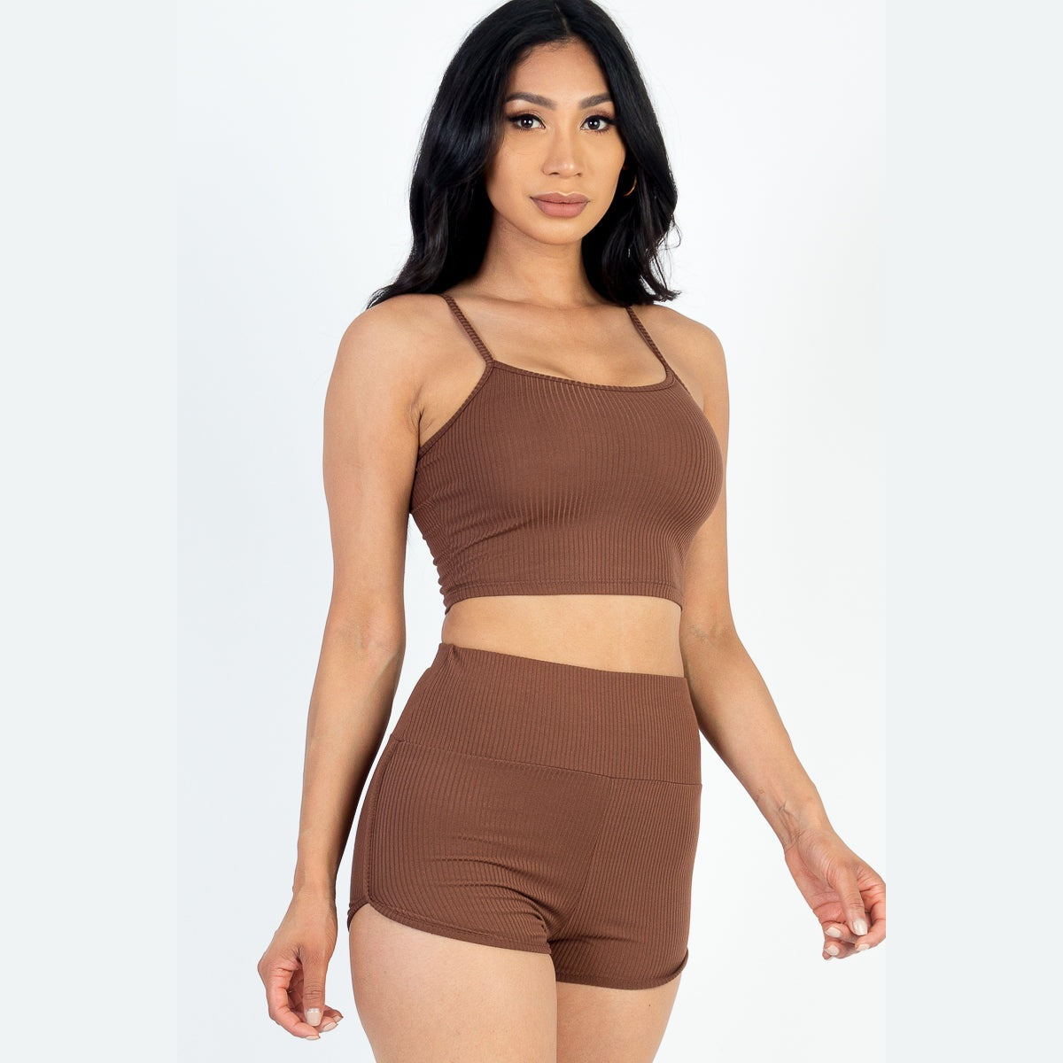 Ribbed Cami Crop Top & Ruched Shorts Set