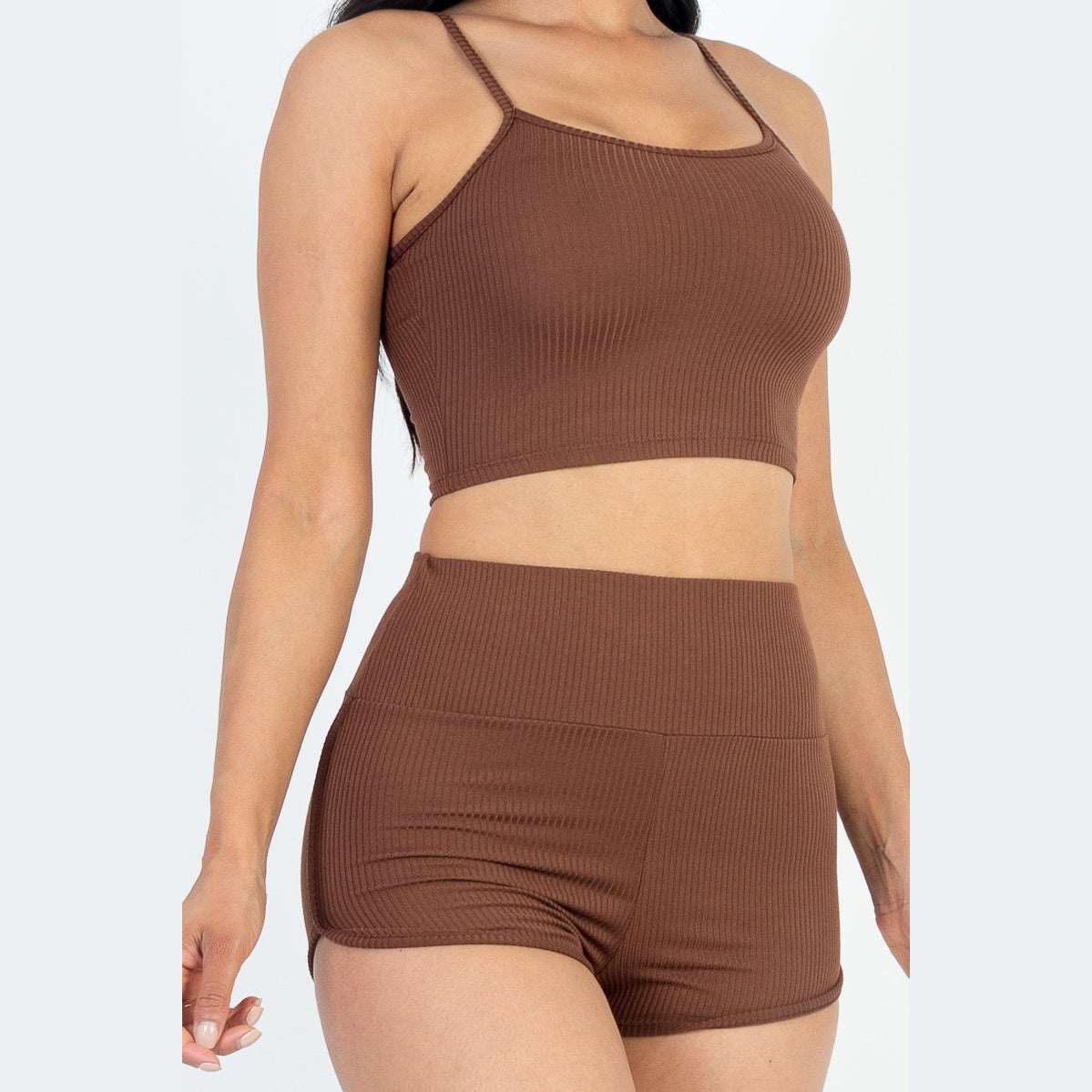 Ribbed Cami Crop Top & Ruched Shorts Set