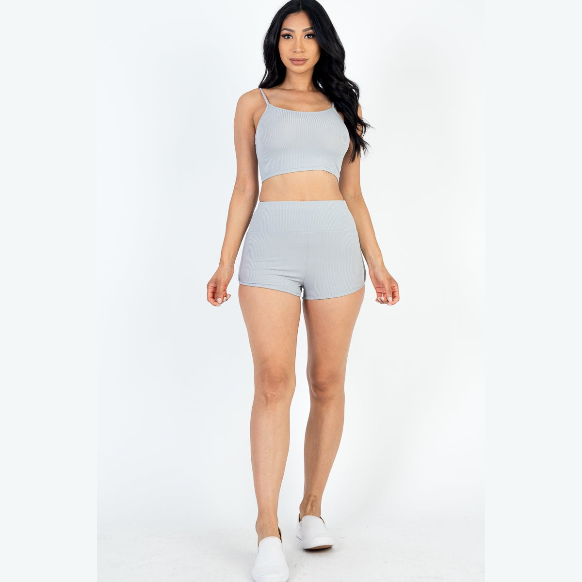 Ribbed Cami Crop Top & Ruched Shorts Set