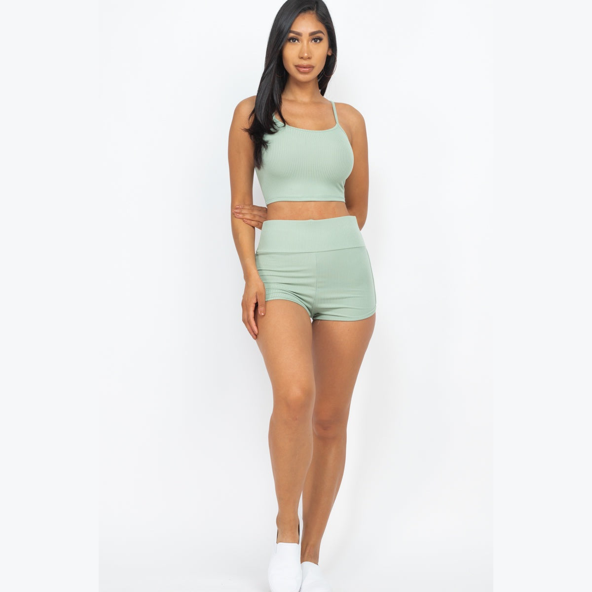 Ribbed Cami Crop Top & Ruched Shorts Set