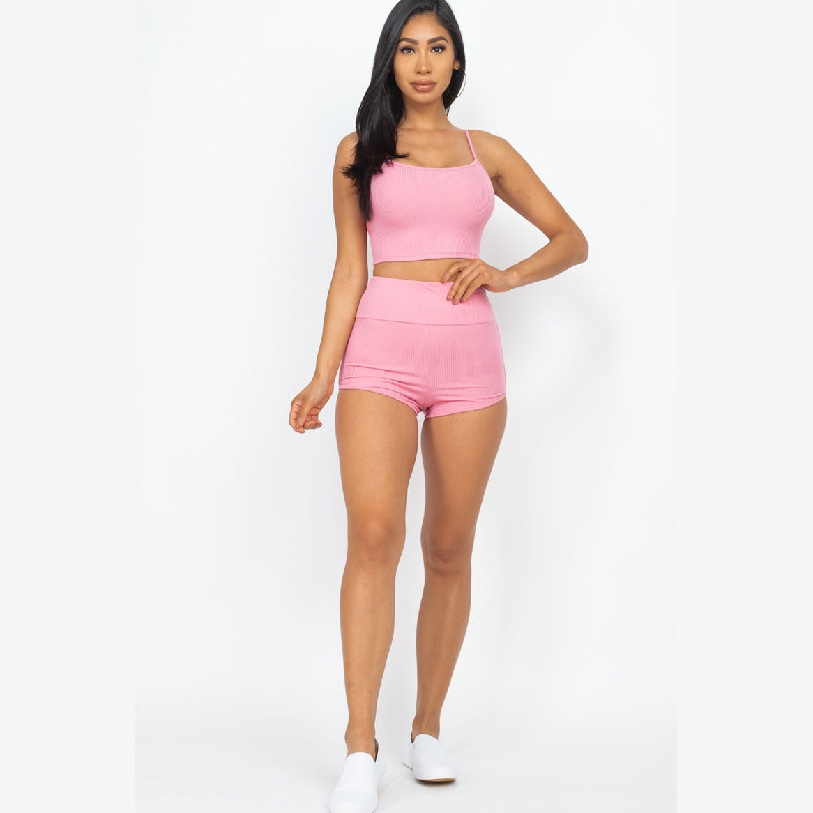 Ribbed Cami Crop Top & Ruched Shorts Set