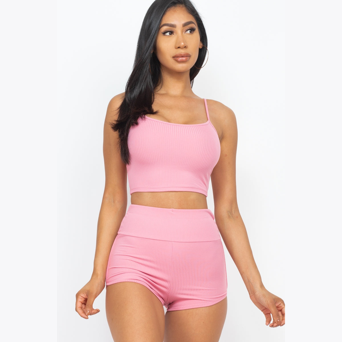Ribbed Cami Crop Top & Ruched Shorts Set