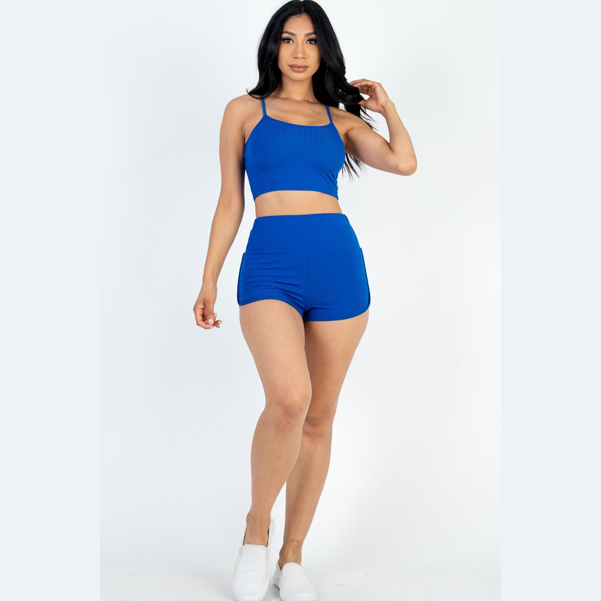 Ribbed Cami Crop Top & Ruched Shorts Set