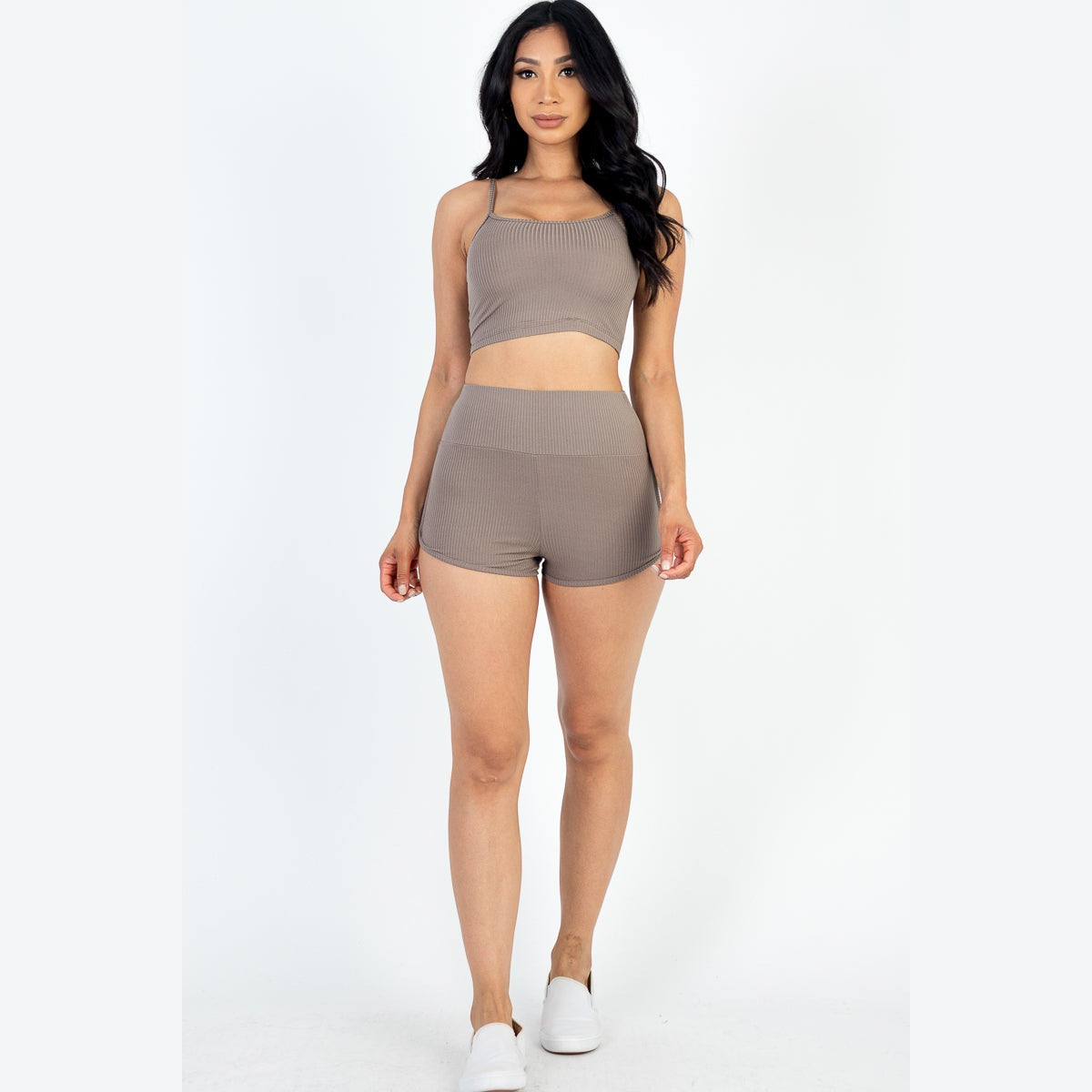 Ribbed Cami Crop Top & Ruched Shorts Set