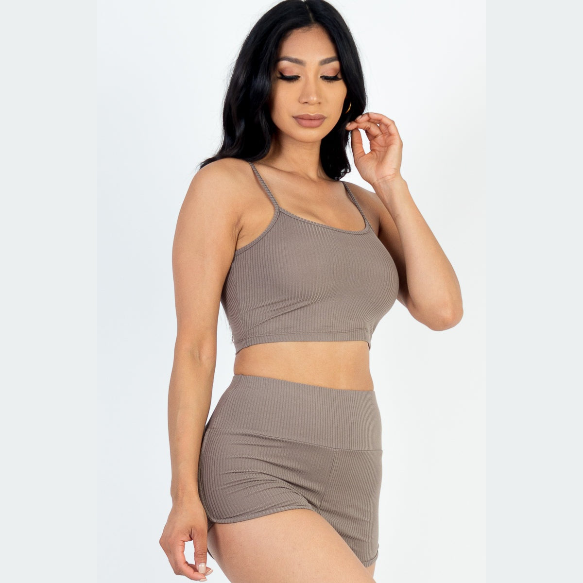 Ribbed Cami Crop Top & Ruched Shorts Set