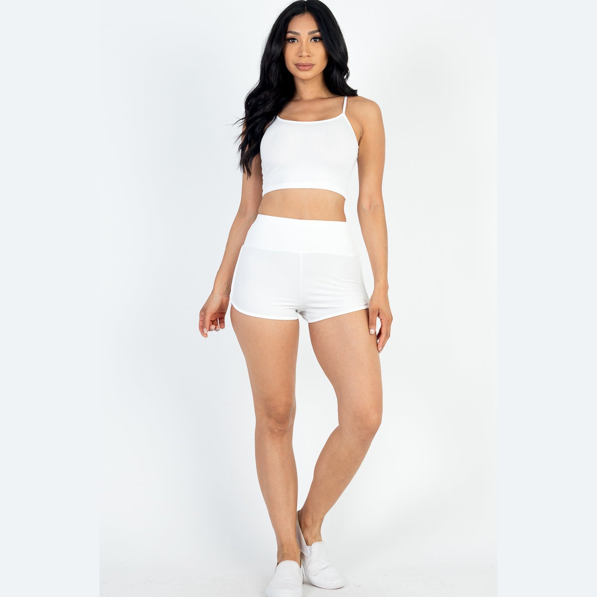 Ribbed Cami Crop Top & Ruched Shorts Set