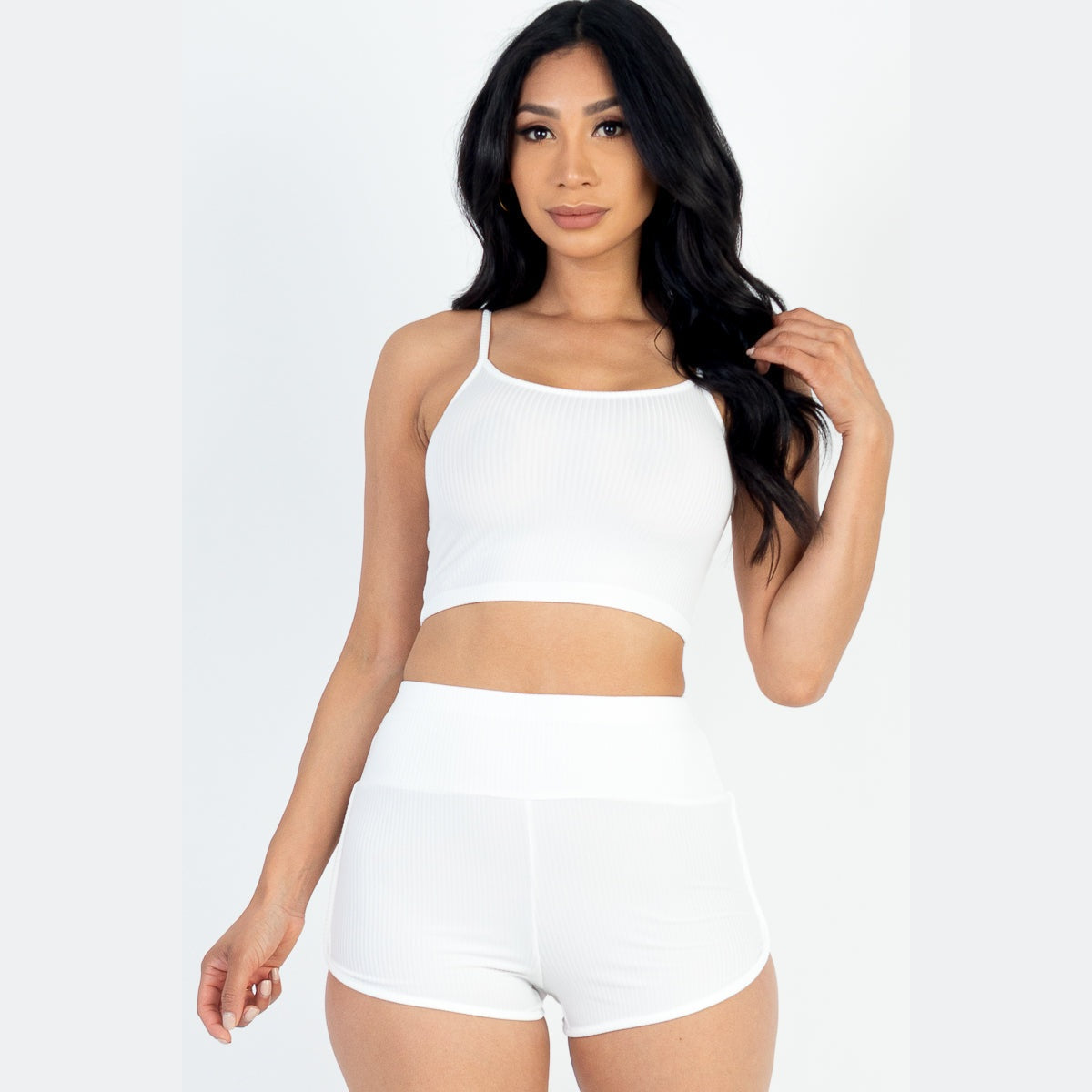 Ribbed Cami Crop Top & Ruched Shorts Set