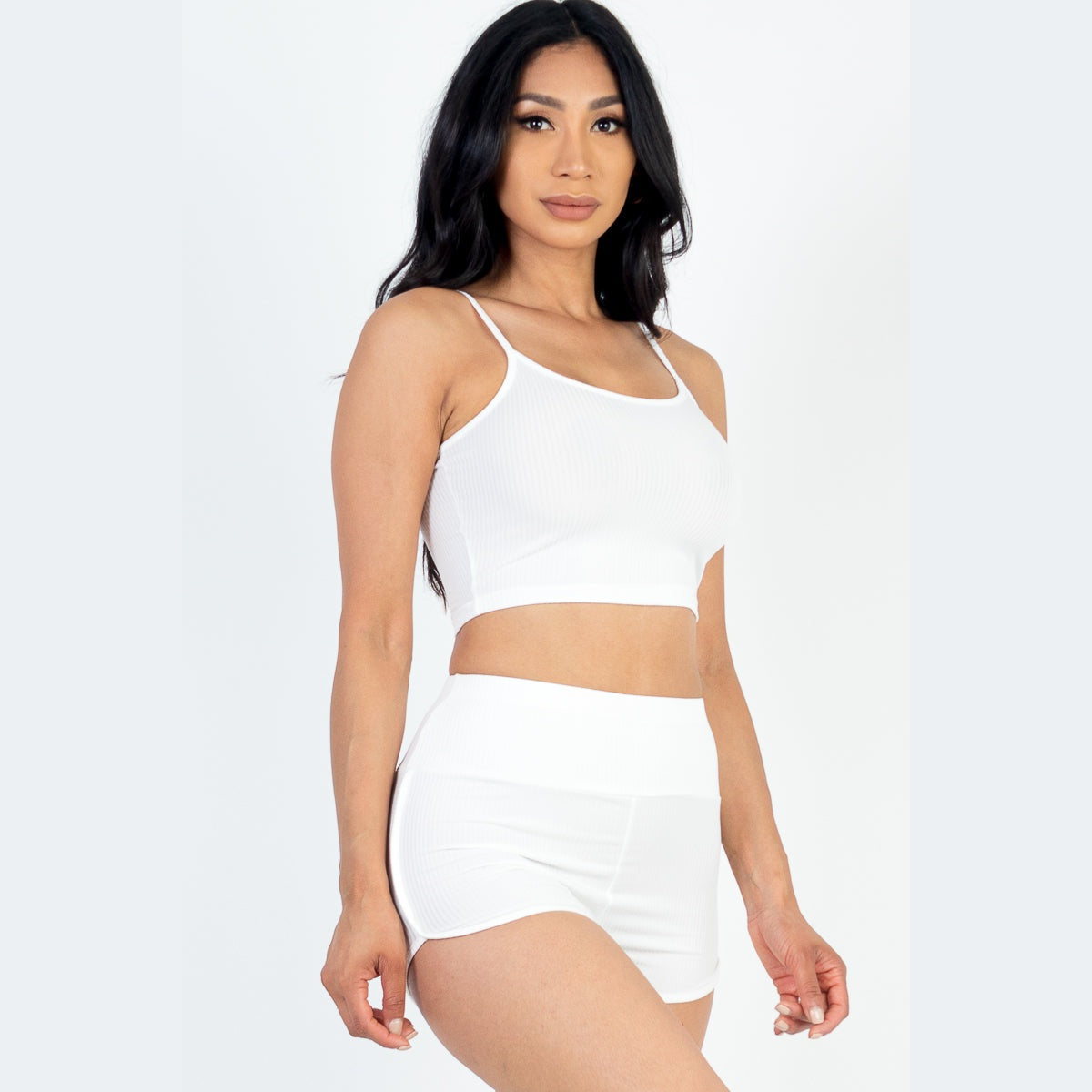 Ribbed Cami Crop Top & Ruched Shorts Set