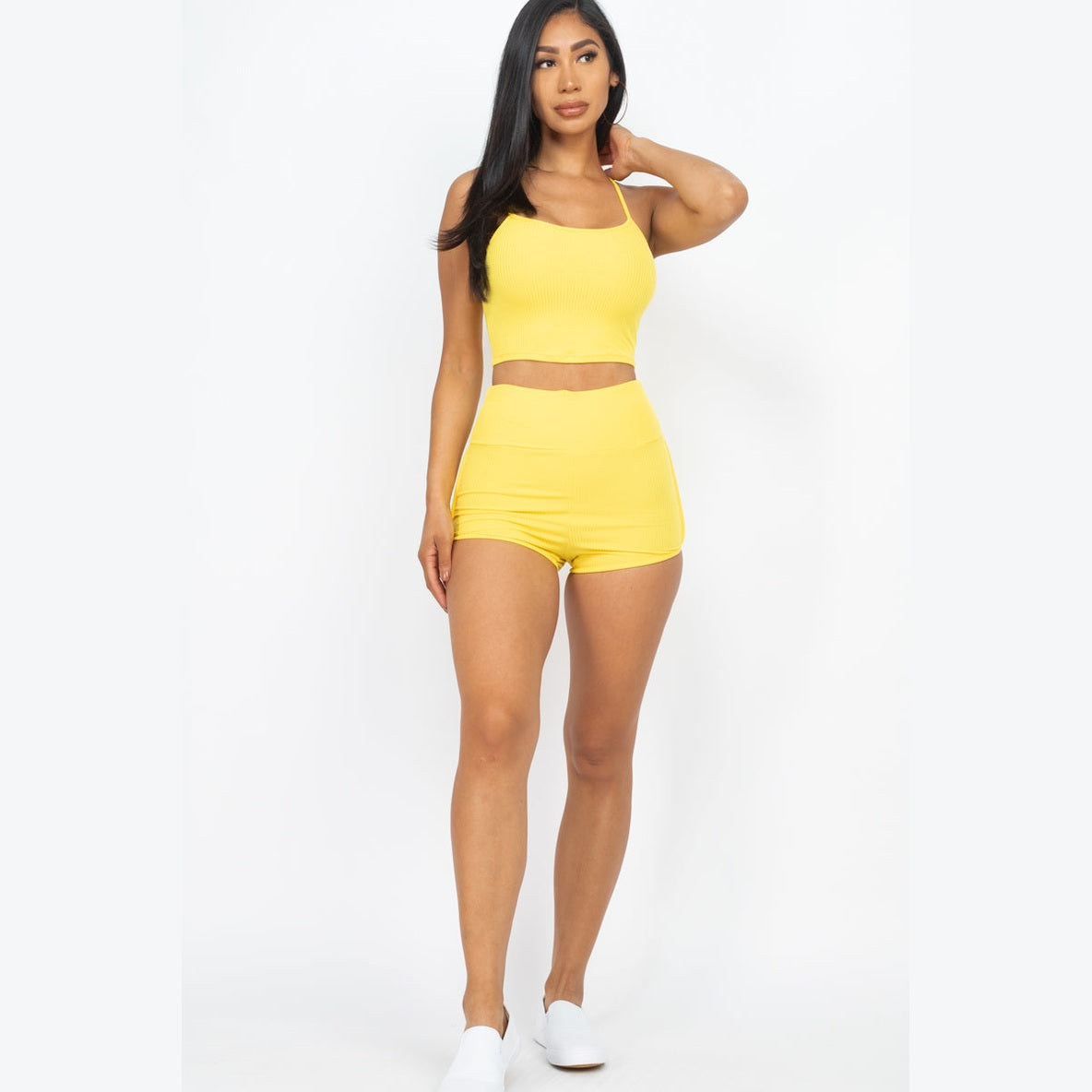 Ribbed Cami Crop Top & Ruched Shorts Set
