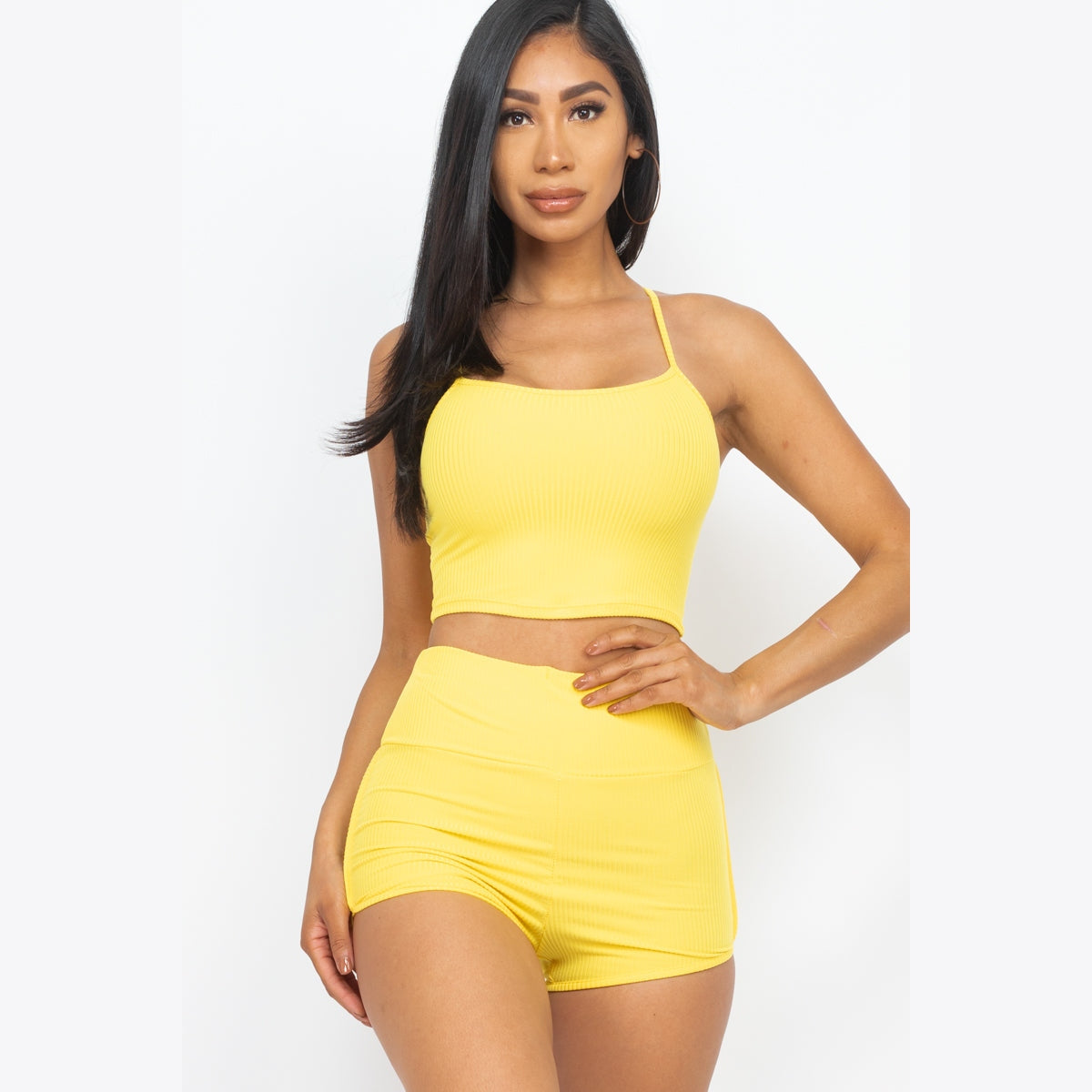 Ribbed Cami Crop Top & Ruched Shorts Set
