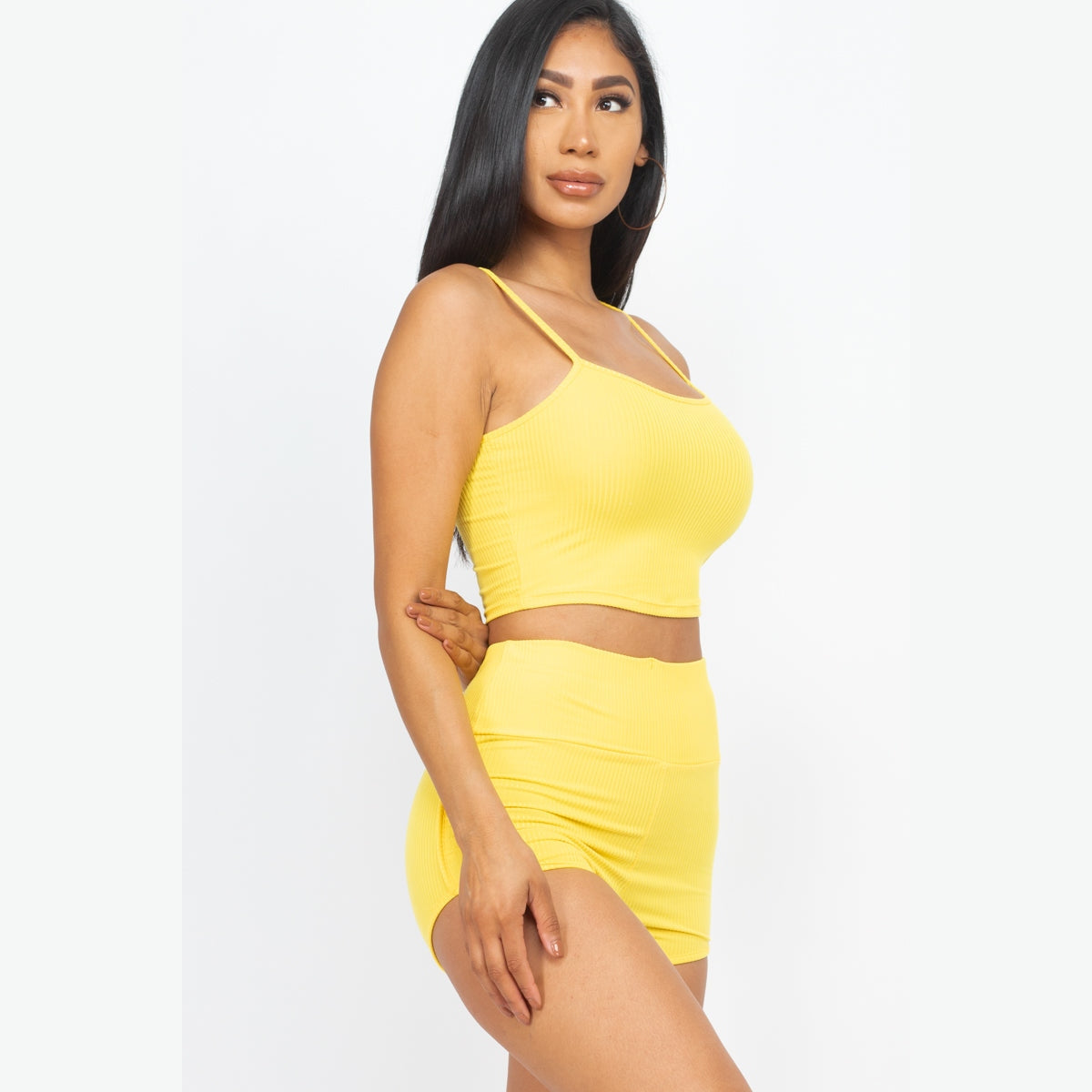 Ribbed Cami Crop Top & Ruched Shorts Set