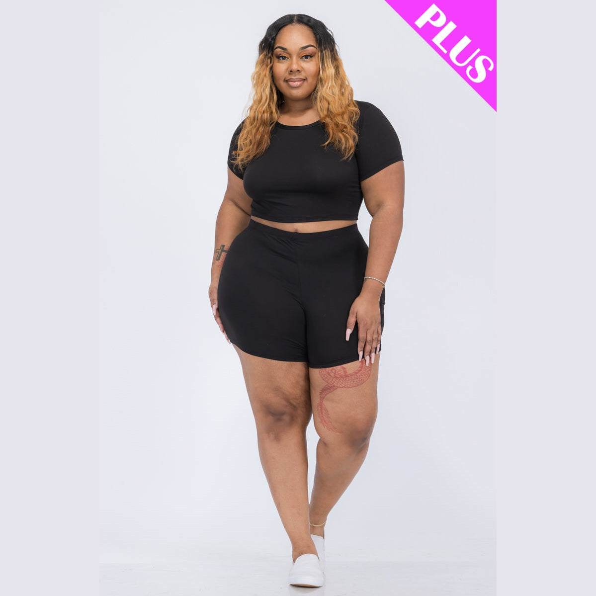 Plus Size Short Sleeve Crop Top & Shorts Set